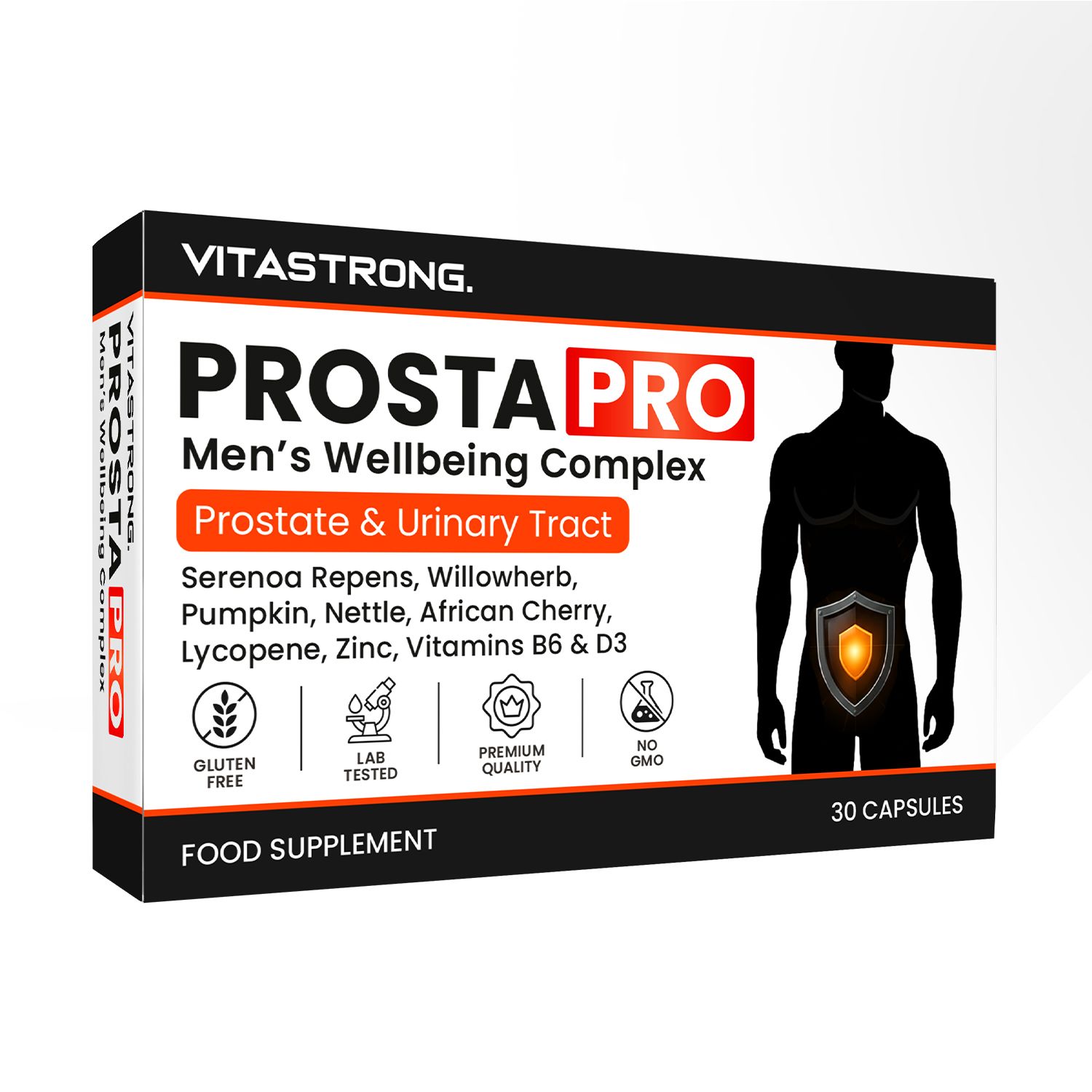 Vitastrong Prosta Pro. Doos met 30 capsules. Bevat Serenoa Repens, Wilgenroosje, Pompoen, Brandnetel, etc. Glutenvrij.