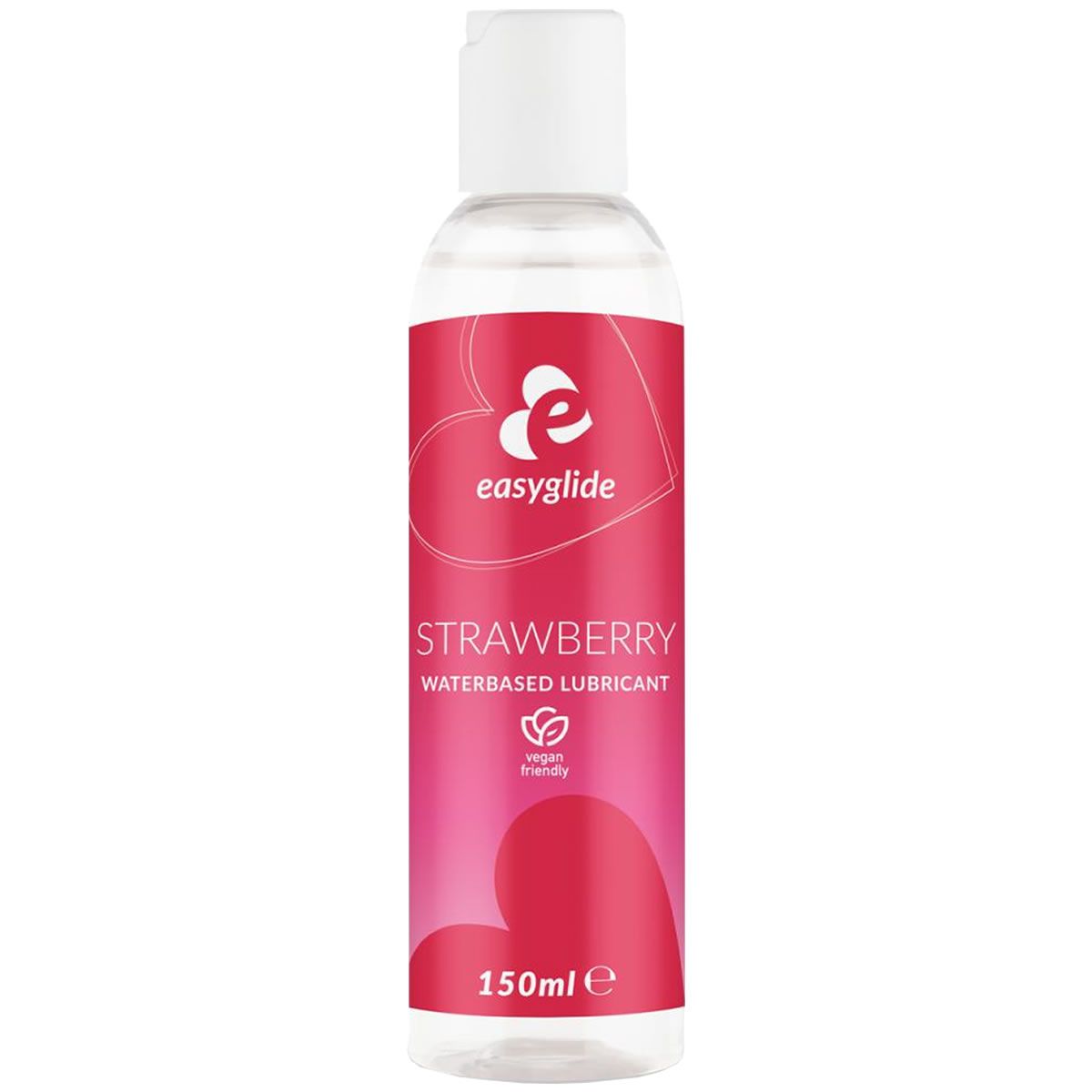 Fles met witte dop. Rode sticker met logo, tekst "Strawberry" en "Waterbased Lubricant". Vegan-zegel.