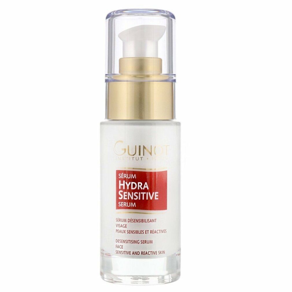 Guinot Hydra Sensitive Serum. Witte fles met gouden dop en rood etiket. Met doseerpomp.