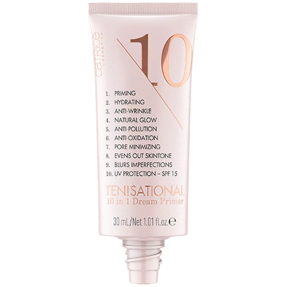 Tube met primer. Opschrift: TEN!SATIONAL 10 in 1 Dream Primer. Ingrediënten: Priming, Hydrating, Anti-Wrinkle, Natural Glow, Anti-Pollution, Anti-Oxidation, Pore Minimizing, Evens out skintone, Blurs imperfections, UV Protection - SPF 15.