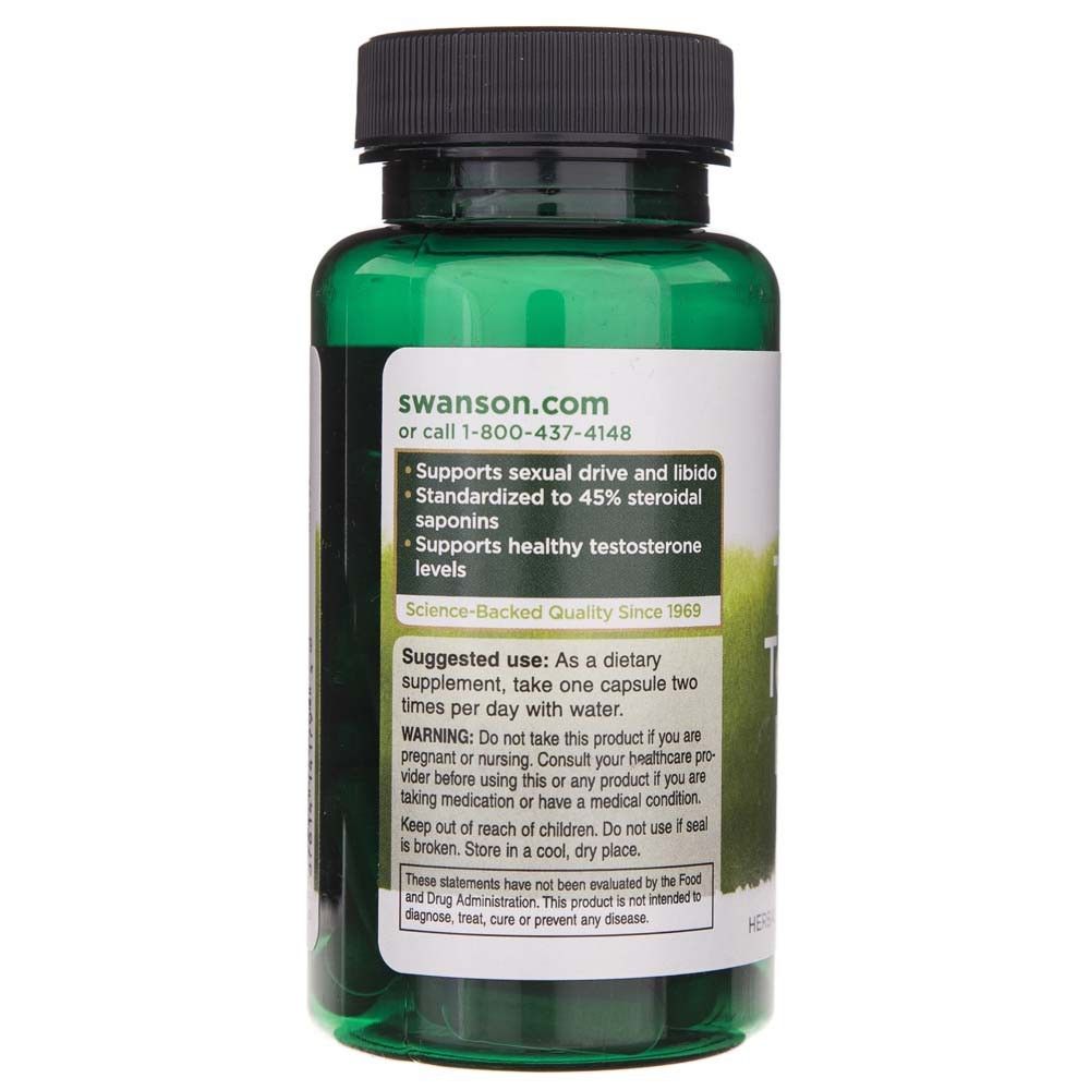 Arrière d'une bouteille de gélules vertes avec instructions d'utilisation et avertissements pour Tribulus Terrestris Extract.