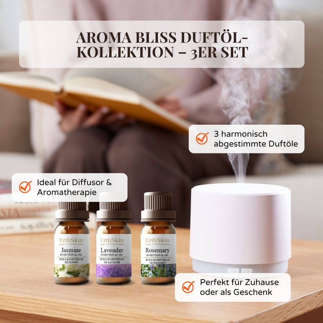 Trois petites bouteilles avec bouchons bruns. Étiquettes avec les noms Jasmine, Lavender et Rosemary. ErthSkin London. Diffuseur.
