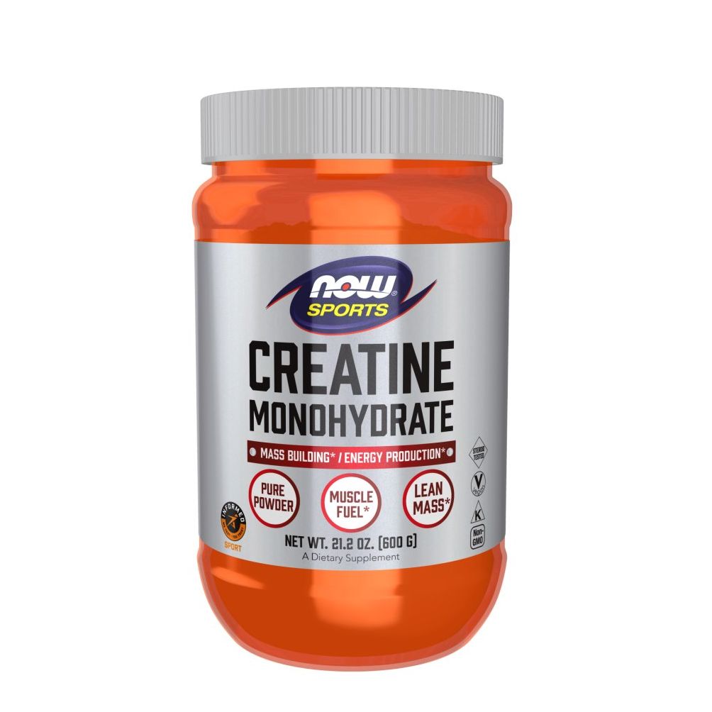 Oranje pot met witte deksel. Opschrift: Creatine Monohydrate. Merk: NOW SPORTS. Bevat 600g.