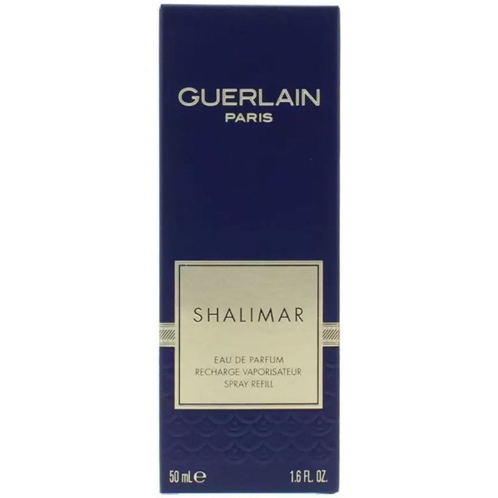 Boîte bleue foncée avec GUERLAIN PARIS et SHALIMAR. Eau de Parfum sur la boîte. 50 ml et 1.6 fl. oz. en bas.