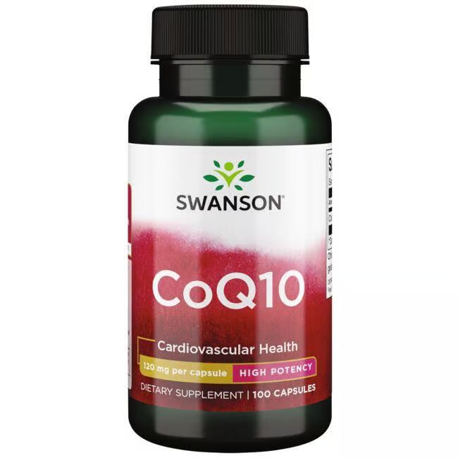 Groene fles met zwarte dop. Label met "SWANSON", "CoQ10", "120 mg per capsule" en "100 capsules".