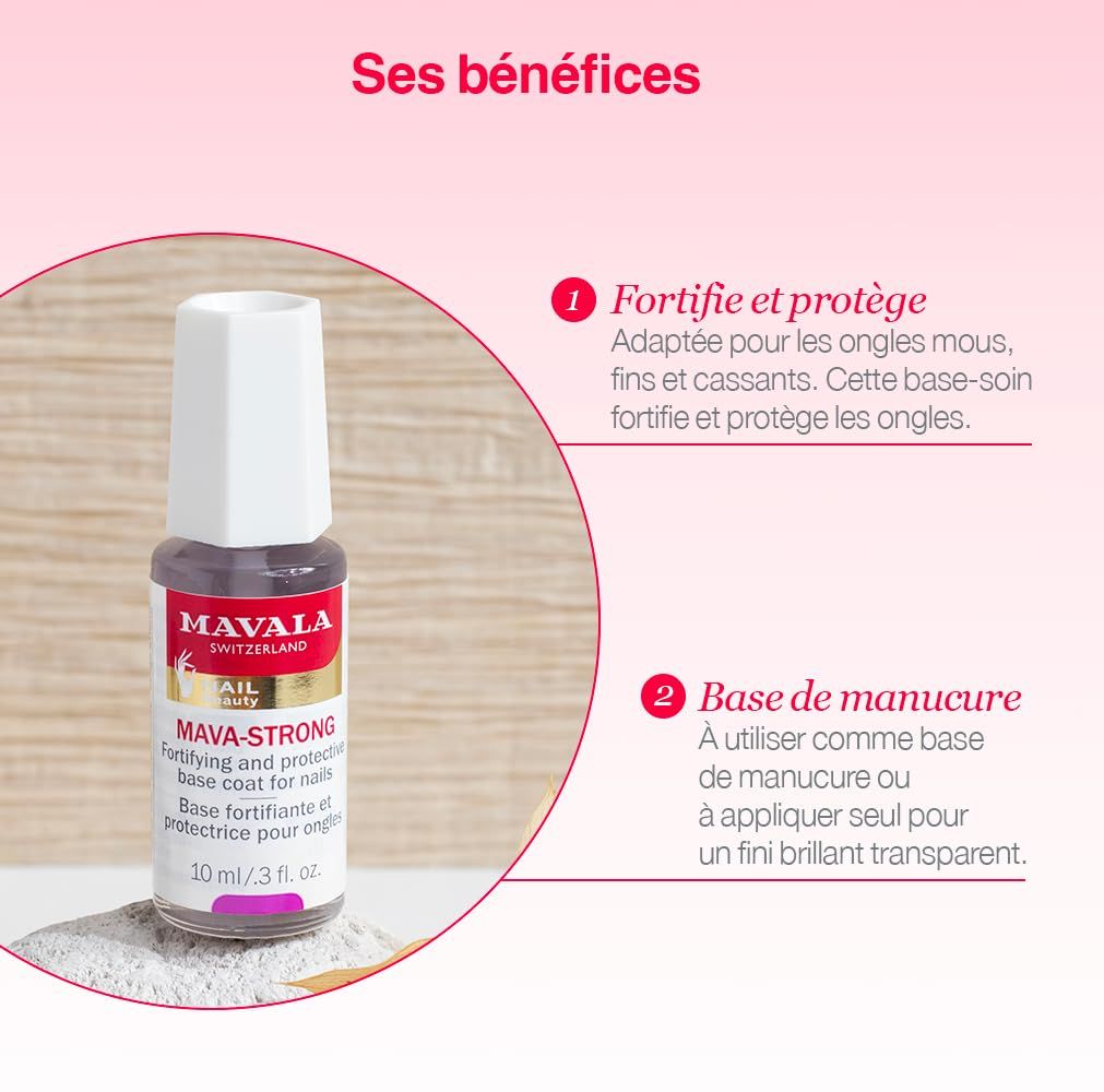 Flacon de vernis à ongles avec bouchon blanc. Inscription : MAVA-STRONG, base protectrice. 10 ml.