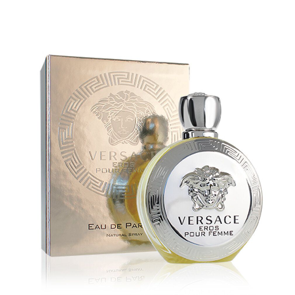 Emballage et flacon. Emballage: argenté avec logo. Flacon: rond, argenté, avec inscription VERSACE EROS POUR FEMME.