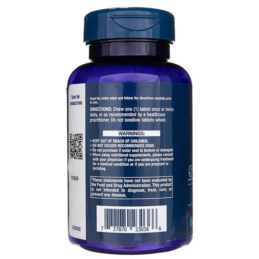 Achterkant fles: Instructies, waarschuwingen en barcode. 60 tabletten.