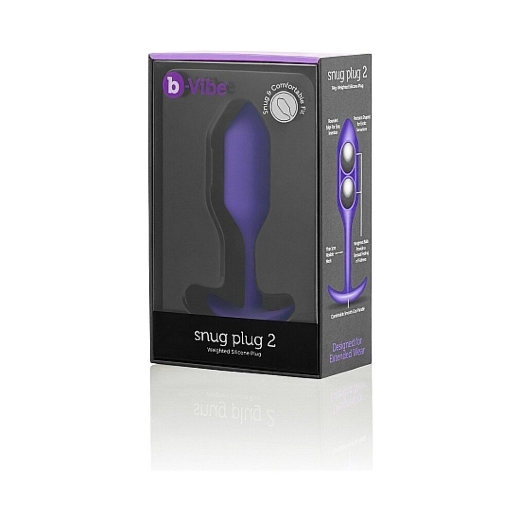 Plug anal violet à côté d'un emballage. Emballage avec image du produit et nom 'snug plug 2'.