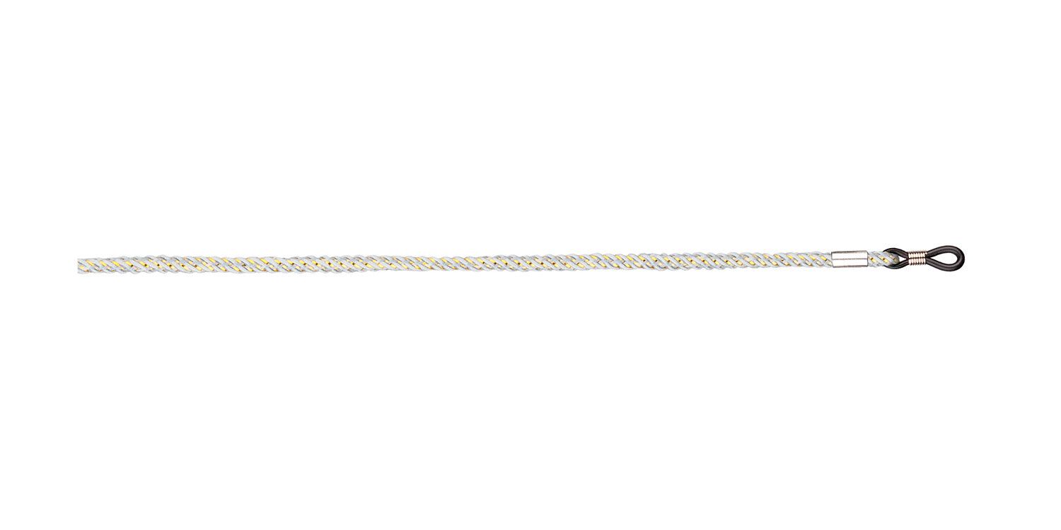 Brillenkoord, gevlochten touw, beige-grijs. Metalen uiteinden met lussen. Witte achtergrond.