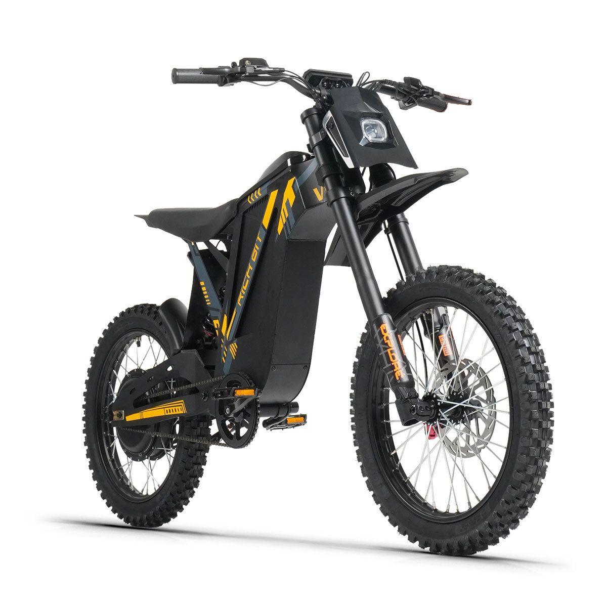 Vélo électrique tout-terrain noir, vue diagonale. Accents jaunes, pneus tout-terrain, freins à disque. RICH BIT V9 Ultra.