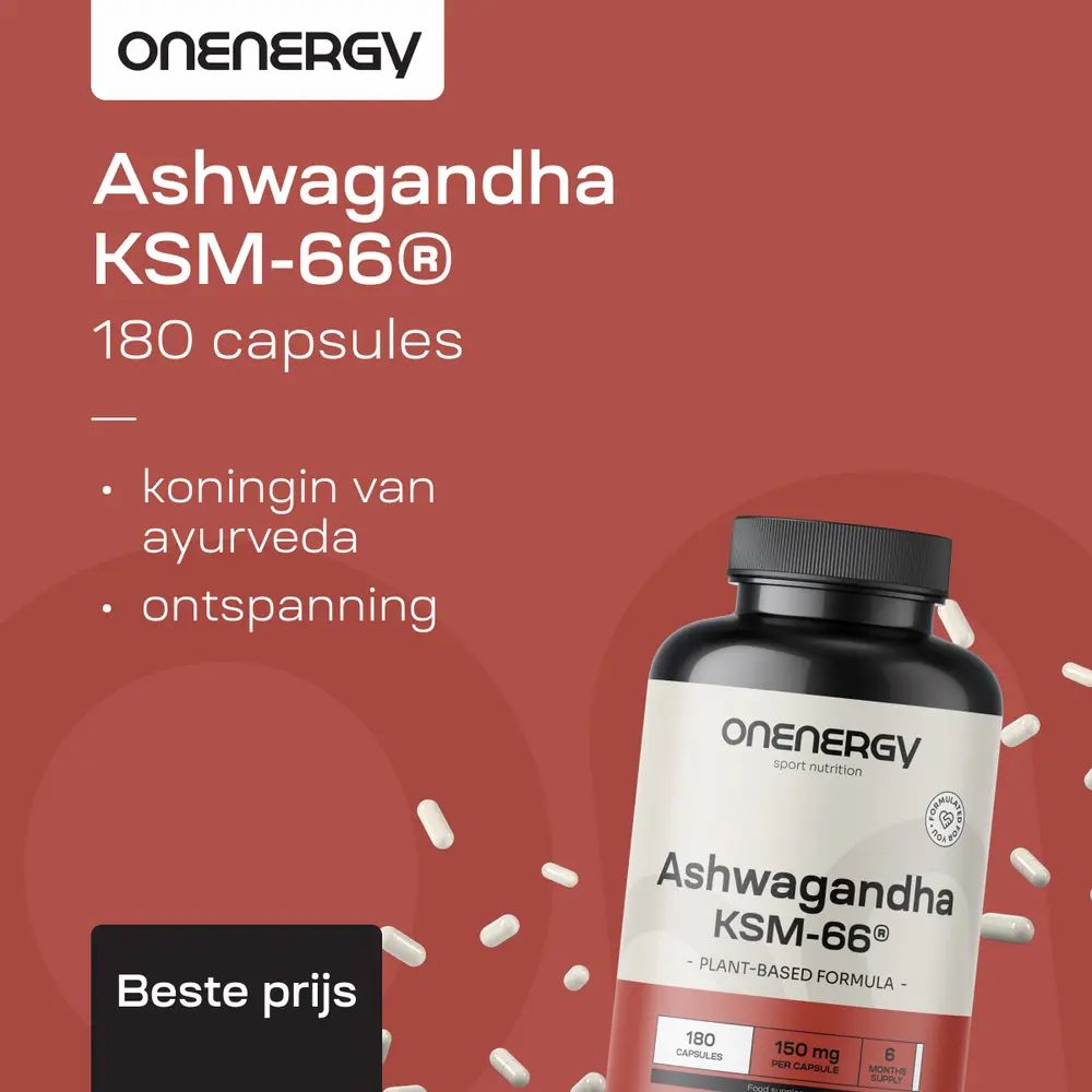 Fles Ashwagandha KSM-66. 180 capsules. Tekst: koningin van ayurveda, ontspanning.