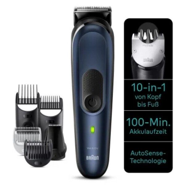 Tondeuse bleue avec accessoires: sabots, têtes de coupe. Texte: 10-en-1, 100 min. d'autonomie, technologie AutoSense. Marque: Braun.