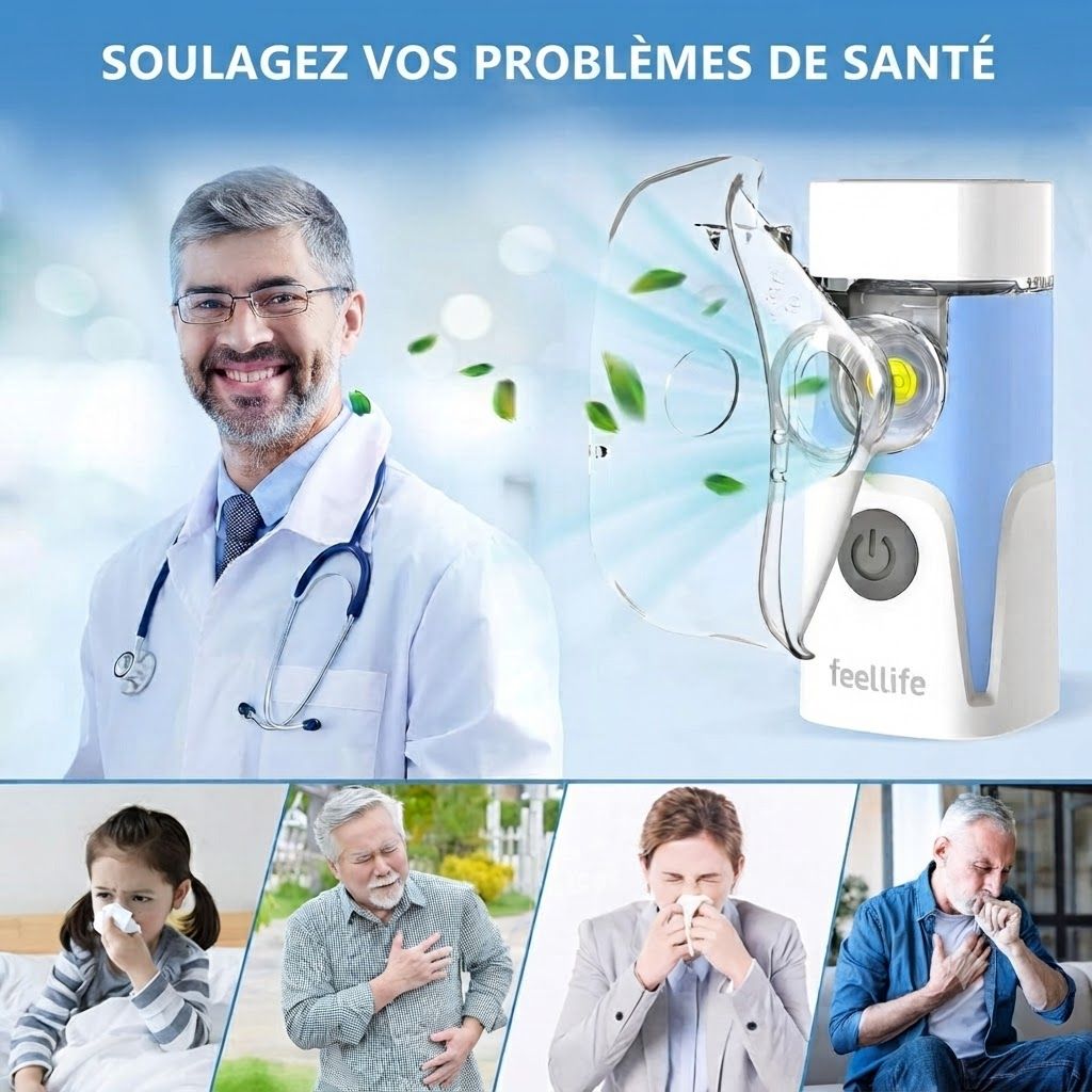 Appareil de nébulisation portable avec masque et bouton marche/arrêt. Marque : feellife.