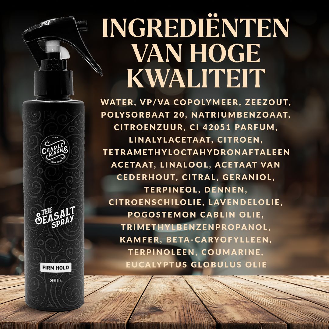 Fles haarspray vastgehouden door een hand, met ingrediënten erop gedrukt.