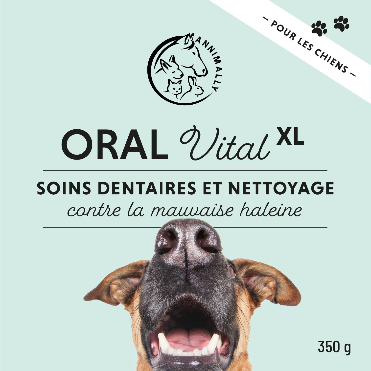 Emballage du produit. Inscription: Oral Vital XL. Soins dentaires et nettoyage. 350 g. Logo chien et cheval.