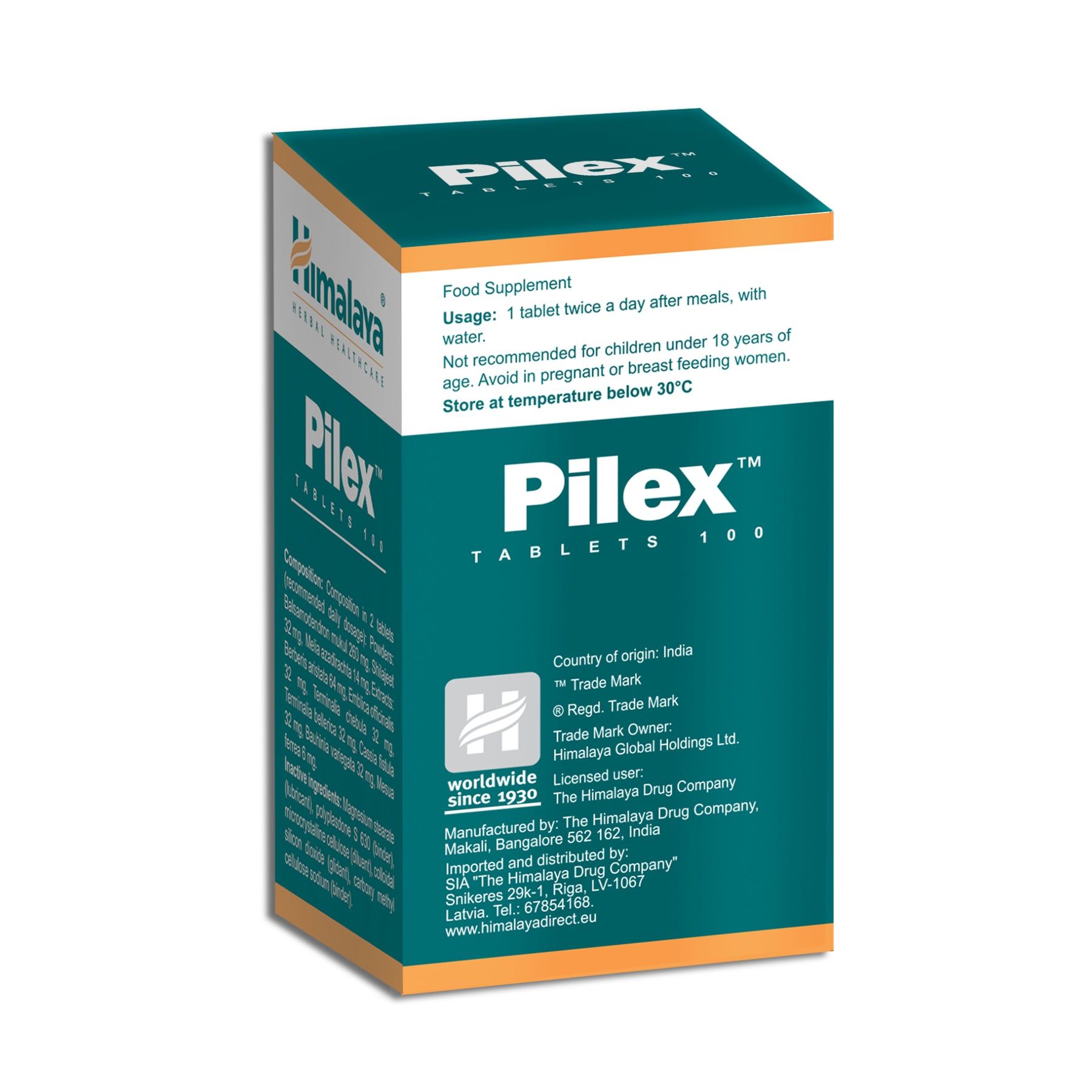 Emballage de 100 comprimés Himalaya Pilex. Contient les instructions d'utilisation et les avertissements.