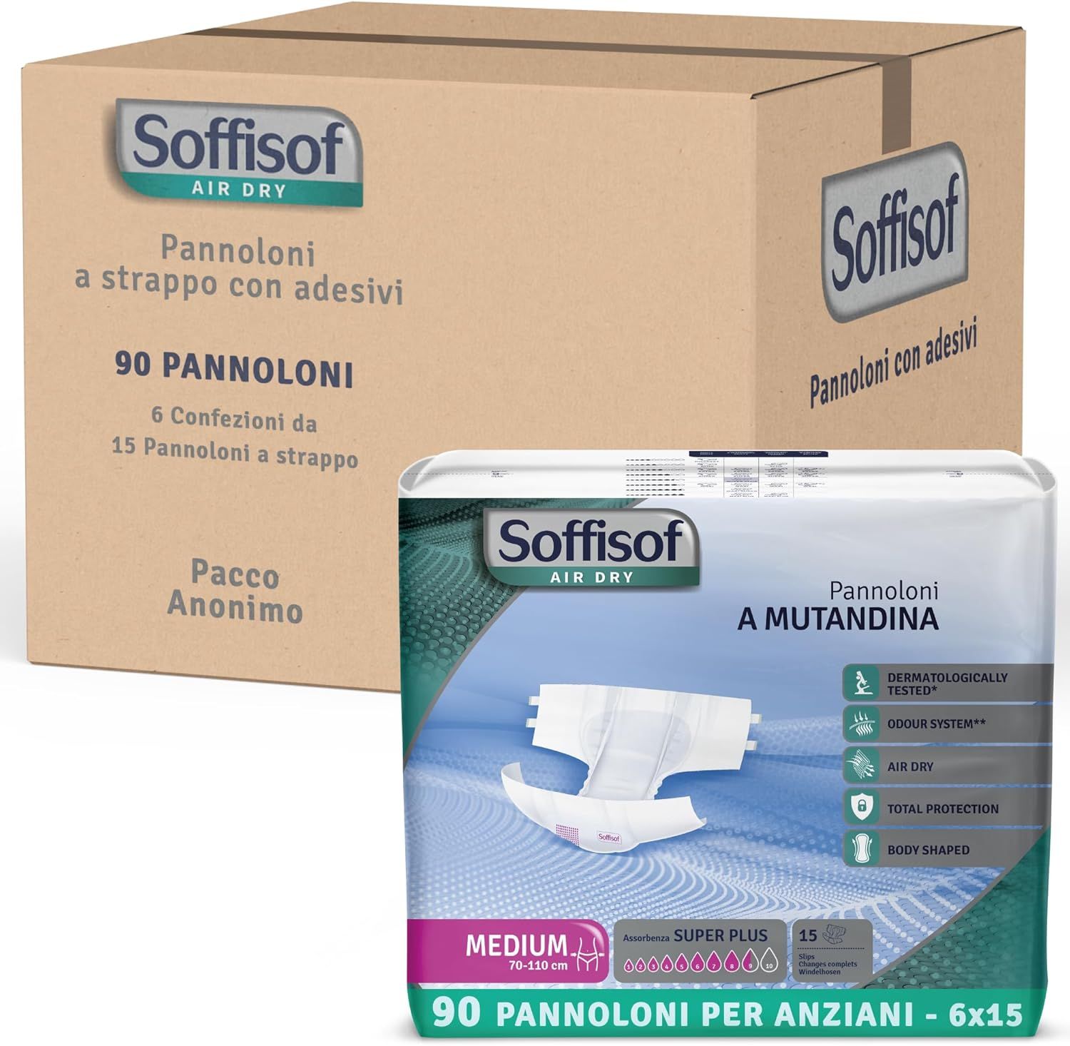 Soffisof Air Dry luiers en doos. 90 stuks. 6 verpakkingen van 15. Anonieme verpakking. Voor volwassenen.