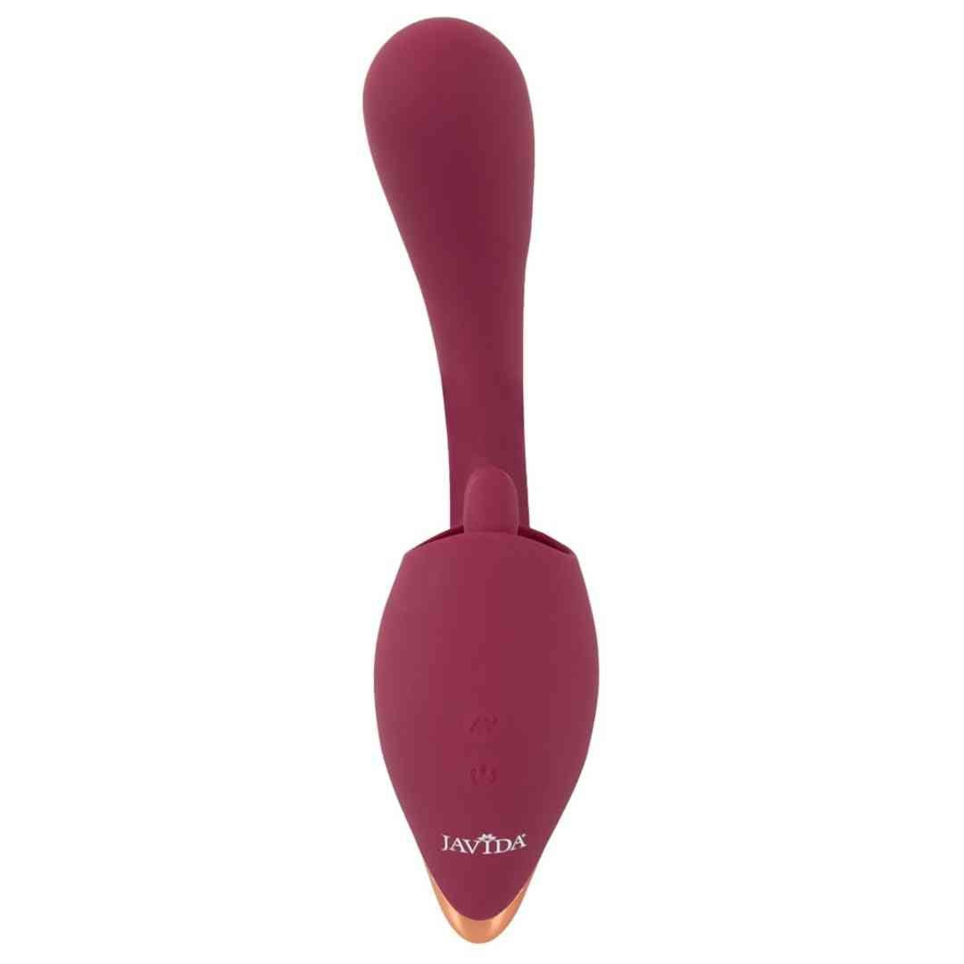Paarse vibrator met gebogen schacht en twee stimulatoren. Het merk 'JAVIDA' is zichtbaar op de behuizing.