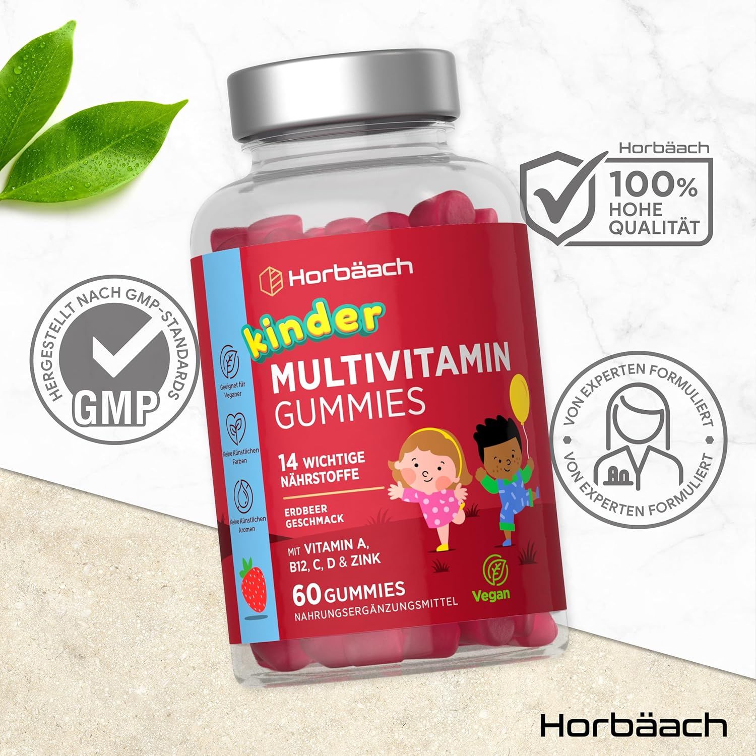Flacon Horbaach Kinder Multivitamin Gummies. Certification GMP, 100% haute qualité. Gommes rouges.