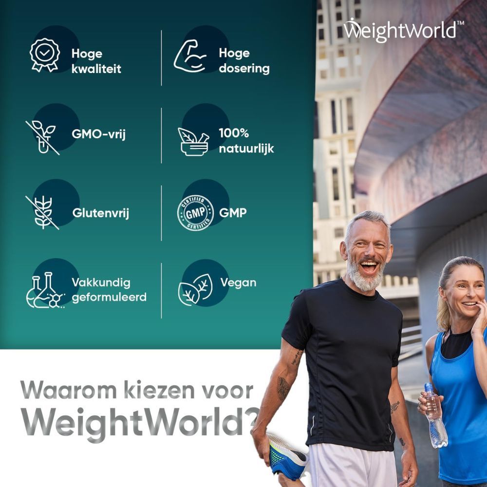 Man en vrouw lopen. Iconen: Hoge kwaliteit, GMO-vrij, glutenvrij, vegan. Tekst: Waarom WeightWorld?