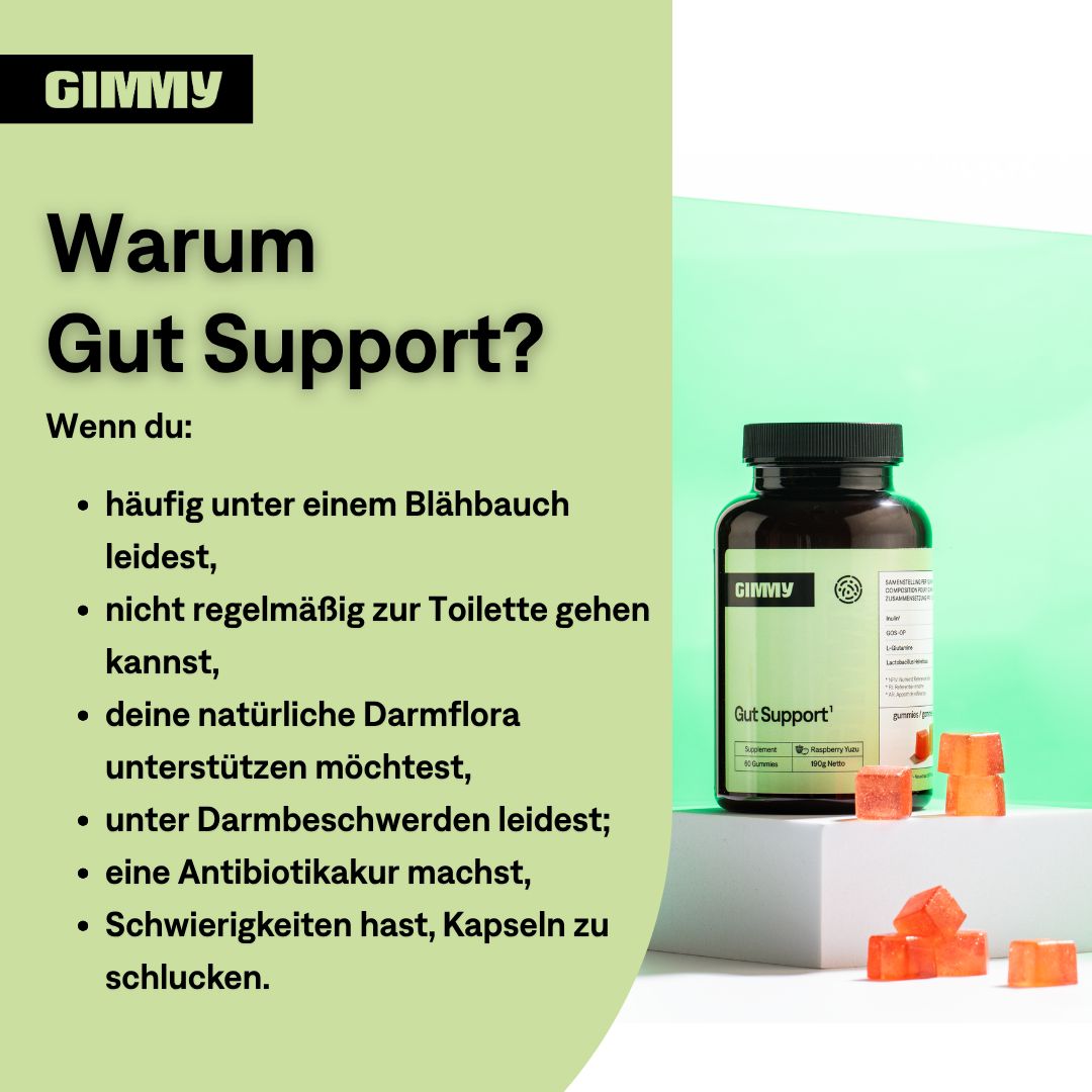 GIMMY Gut Support. Bouteille brune et cubes gélifiés. Texte : Pourquoi Gut Support ? En cas de ballonnements, digestion irrégulière, etc.