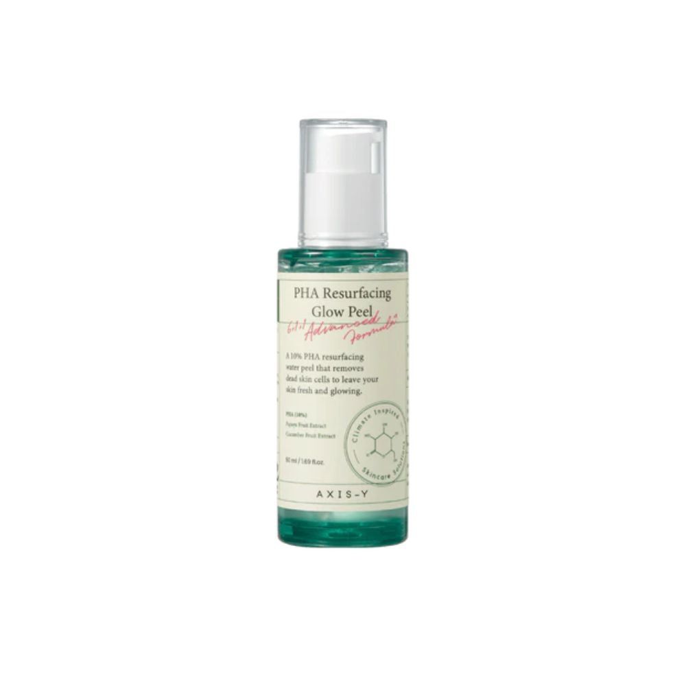 Groene fles met witte pomp. Opschrift: PHA Resurfacing Glow Peel. Merk: AXIS-Y.