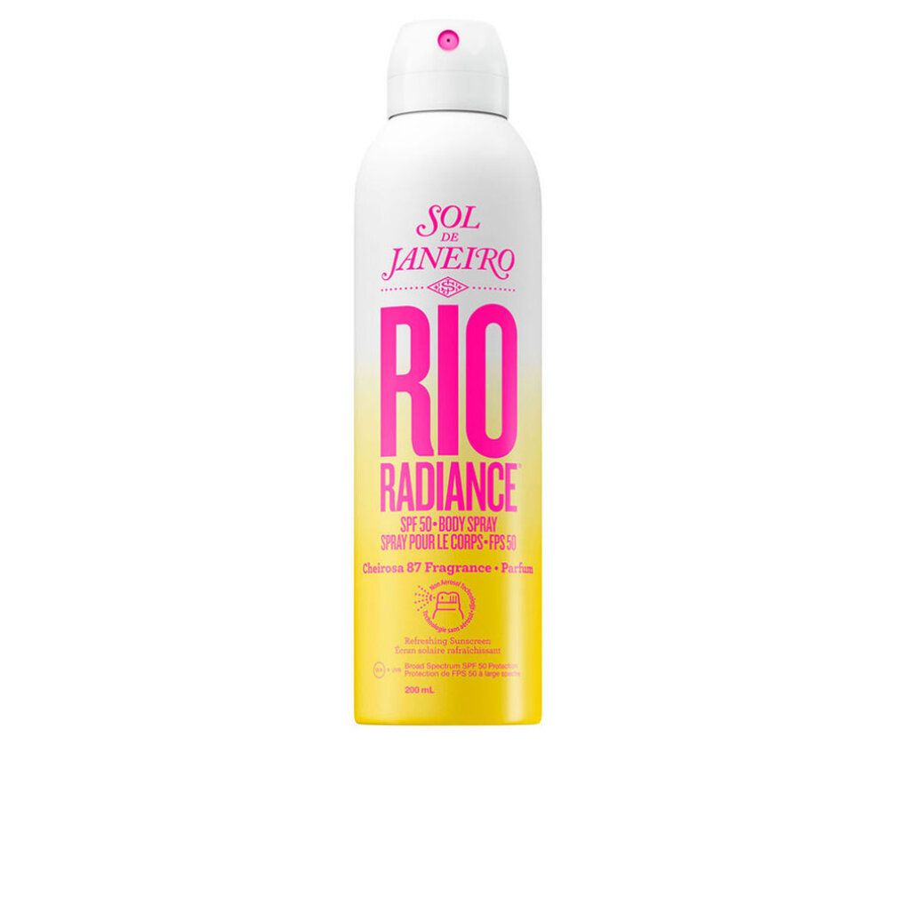 Flacon spray blanc et jaune avec texte rose "RIO RADIANCE". SPF 50-Body Spray. Marque: Sol de Janeiro.