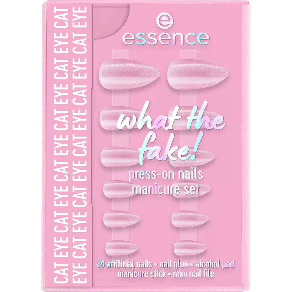 Emballage rose avec faux ongles à coller. Le nom du produit 'What the Fake!' et les informations sont visibles.