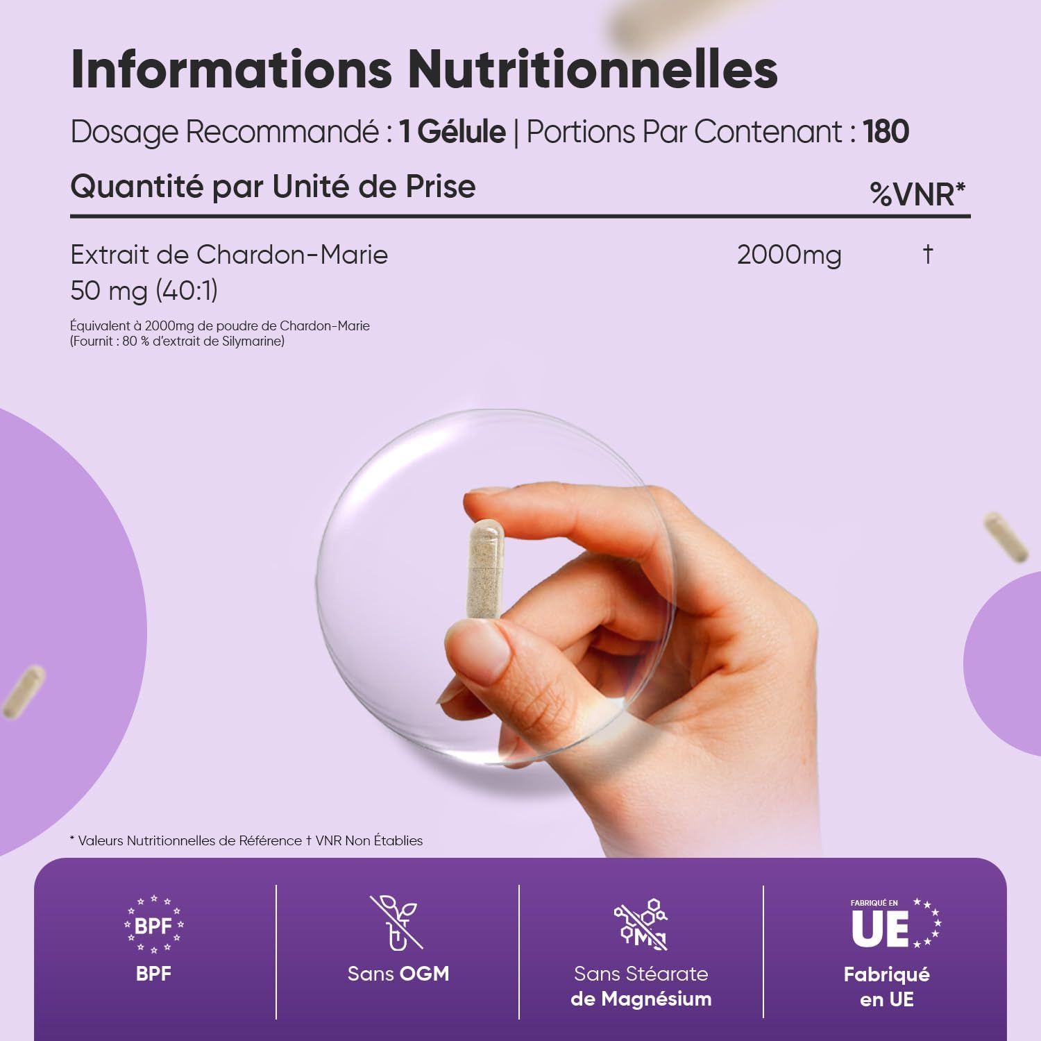 Une main tient une capsule beige. Les informations nutritionnelles et la certification UE sont visibles.