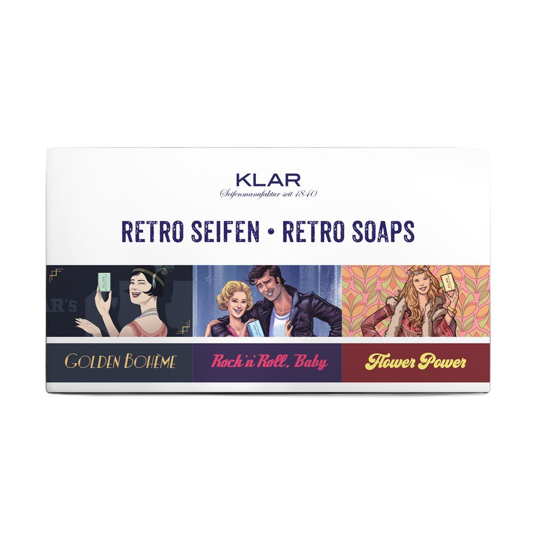 Geschenkset met retro zeep. Witte verpakking met illustraties en de tekst "Retro Seifen". Bevat drie zepen met verschillende ontwerpen.