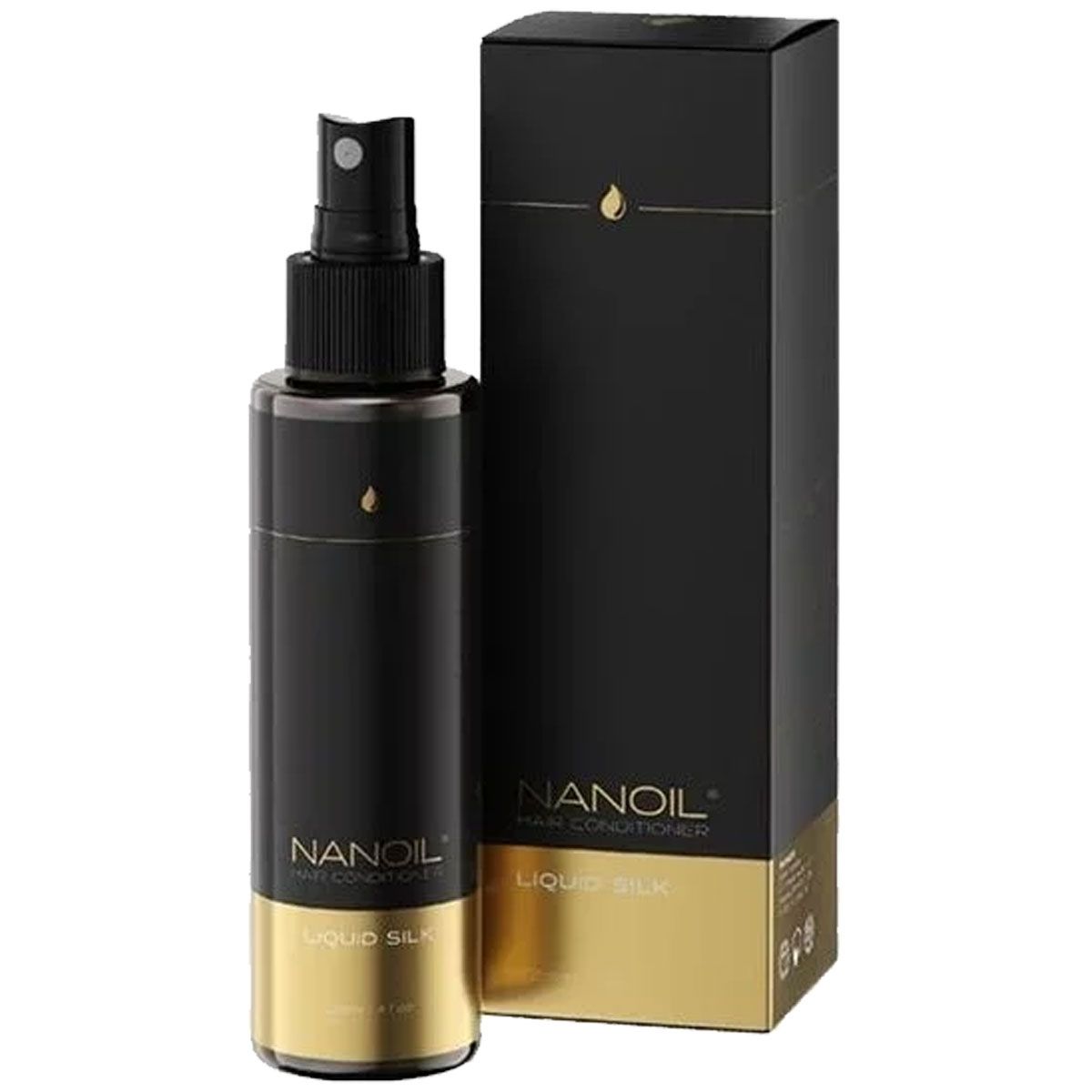 Nanoil Liquid Silk Hair Conditioner flacon pulvérisateur avec boîte noire et dorée.