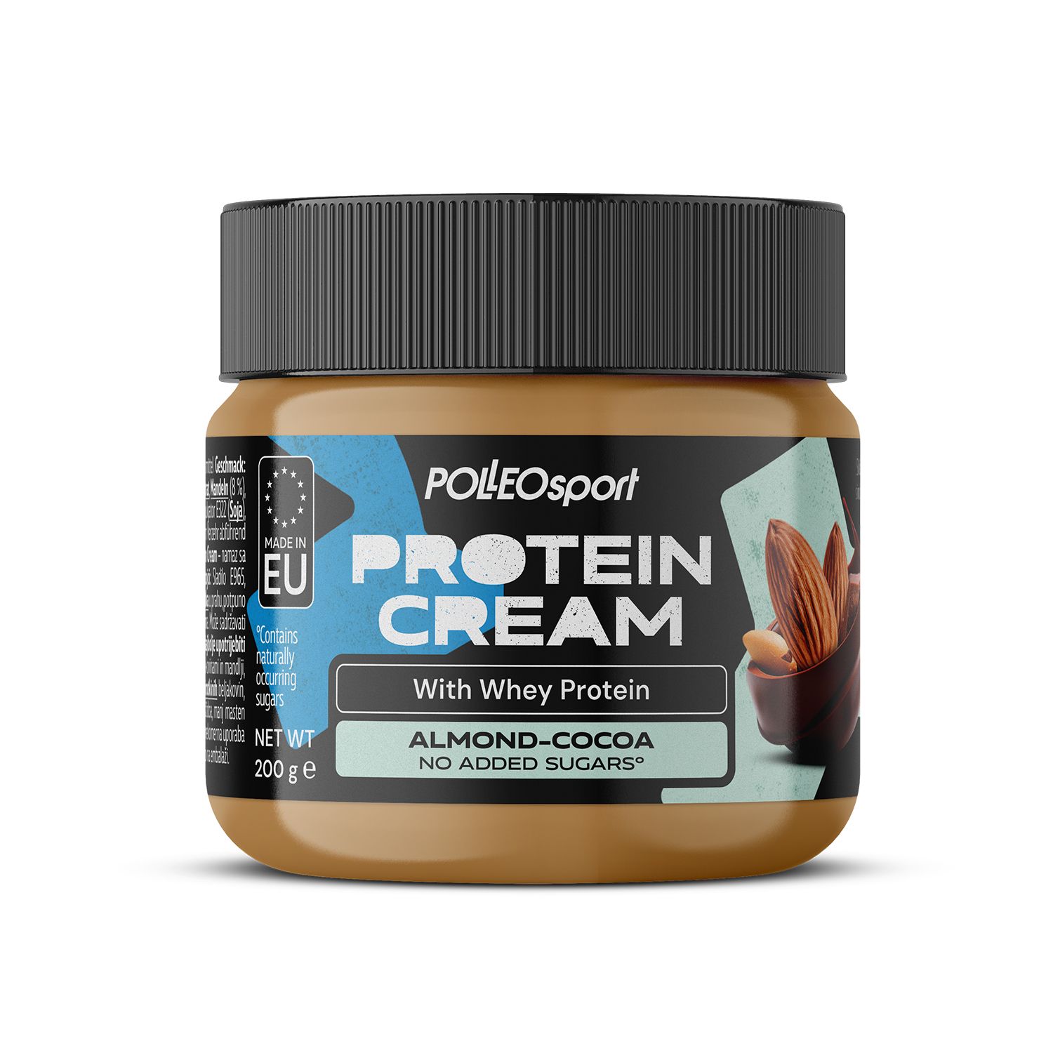 Pot brun avec couvercle noir. Inscription: POLLEO Sport, PROTEIN CREAM, Amande-Cacao, sans sucres ajoutés. Label UE.