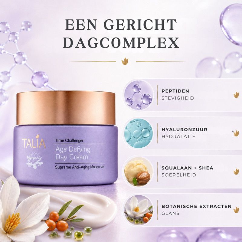 Verpakking van dagcrème van Talia, met opschrift 'Age Defying Day Cream'.