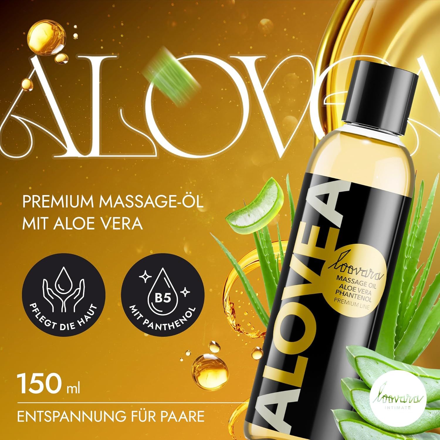Bouteille d'huile de massage LOOVARA ALOVEA, entourée d'aloe vera et de gouttes dorées.