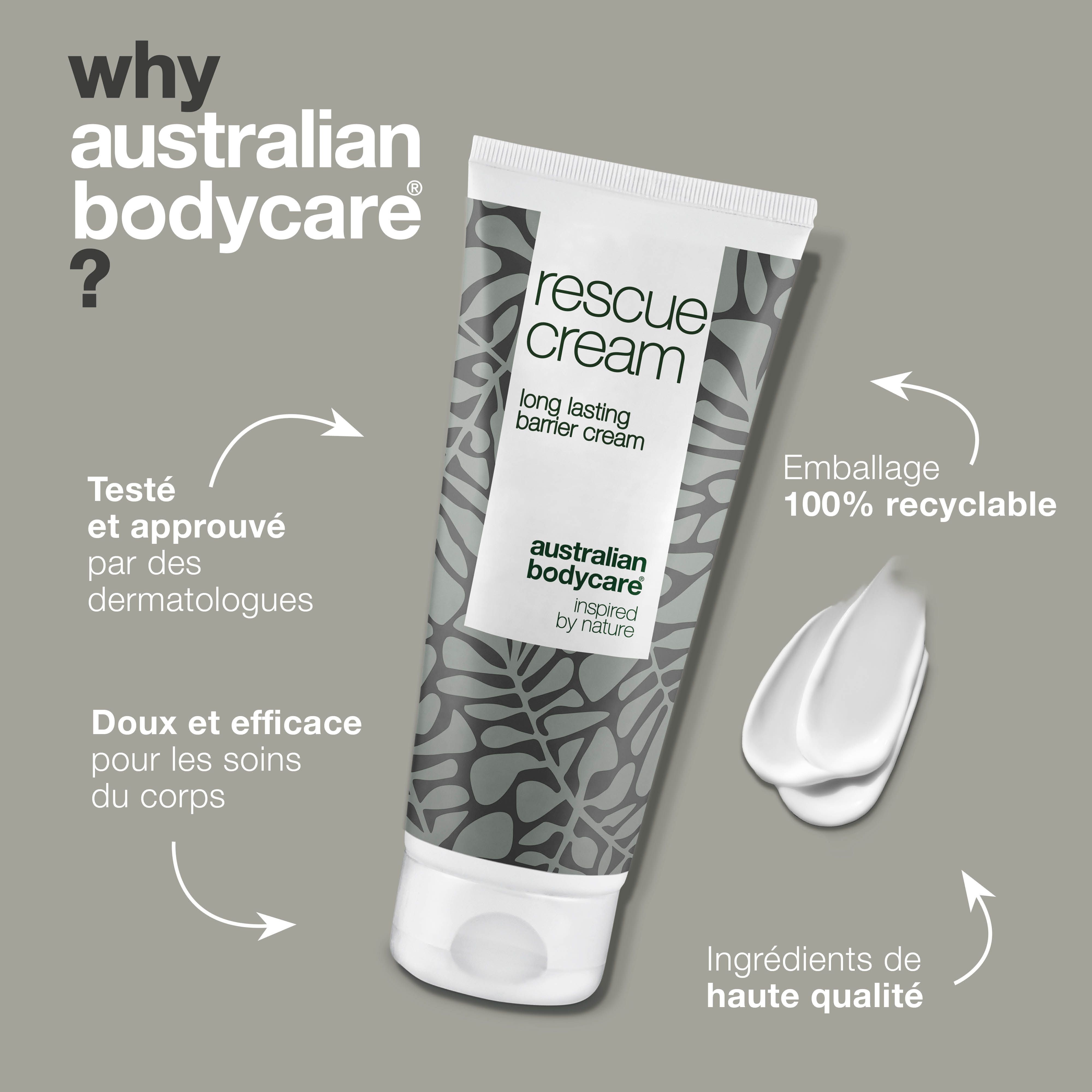 Tube de crème barrière et texte. Texte: rescue cream, australian bodycare.