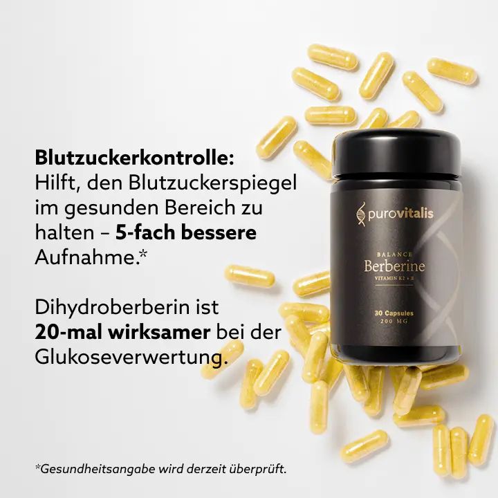 Zwarte pot 'Berberine Balance' met gele capsules. Tekst: bloedsuikercontrole, 5x betere opname.