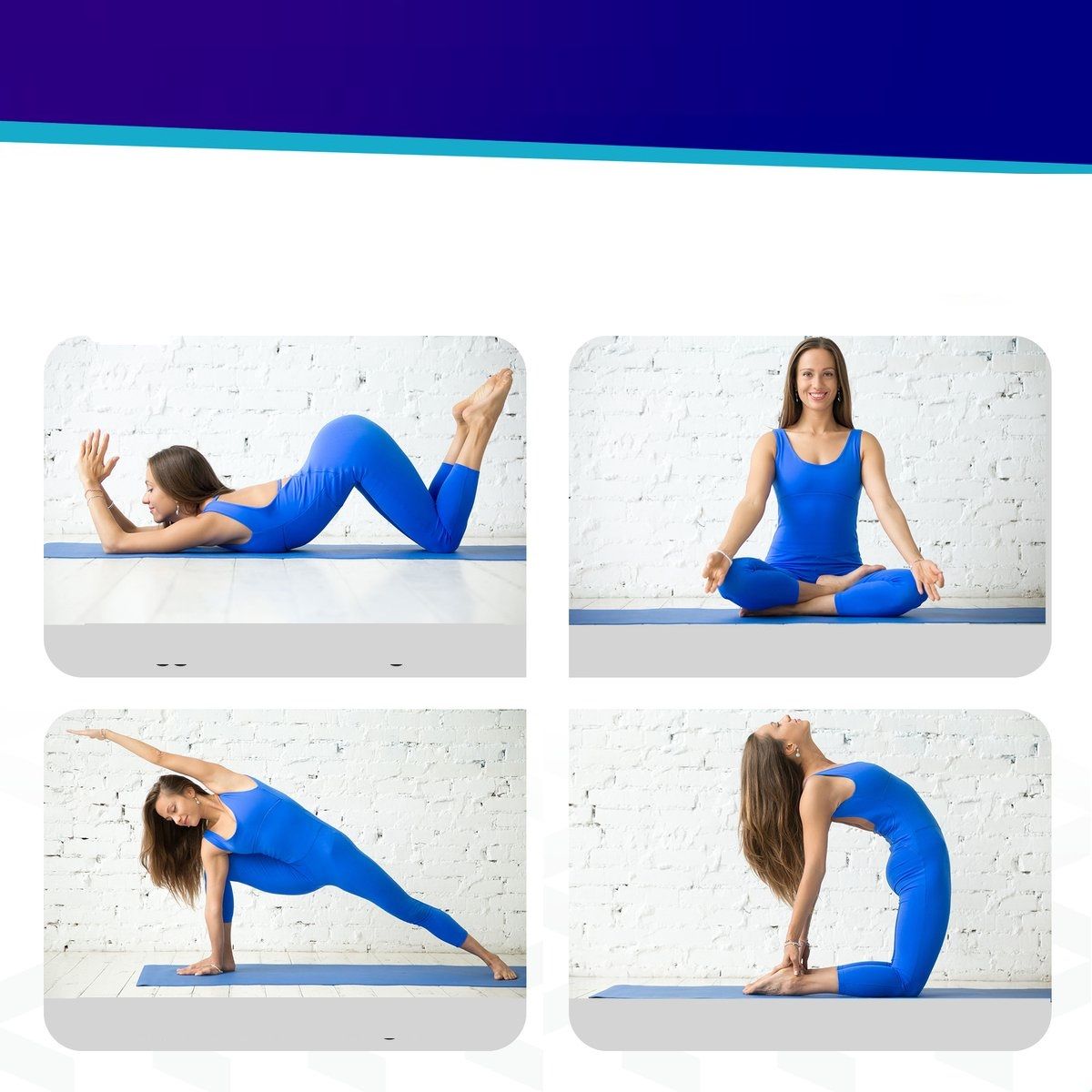 Quatre images de femmes sur des tapis de yoga bleus, en différentes poses de yoga. Les femmes portent des vêtements bleus.