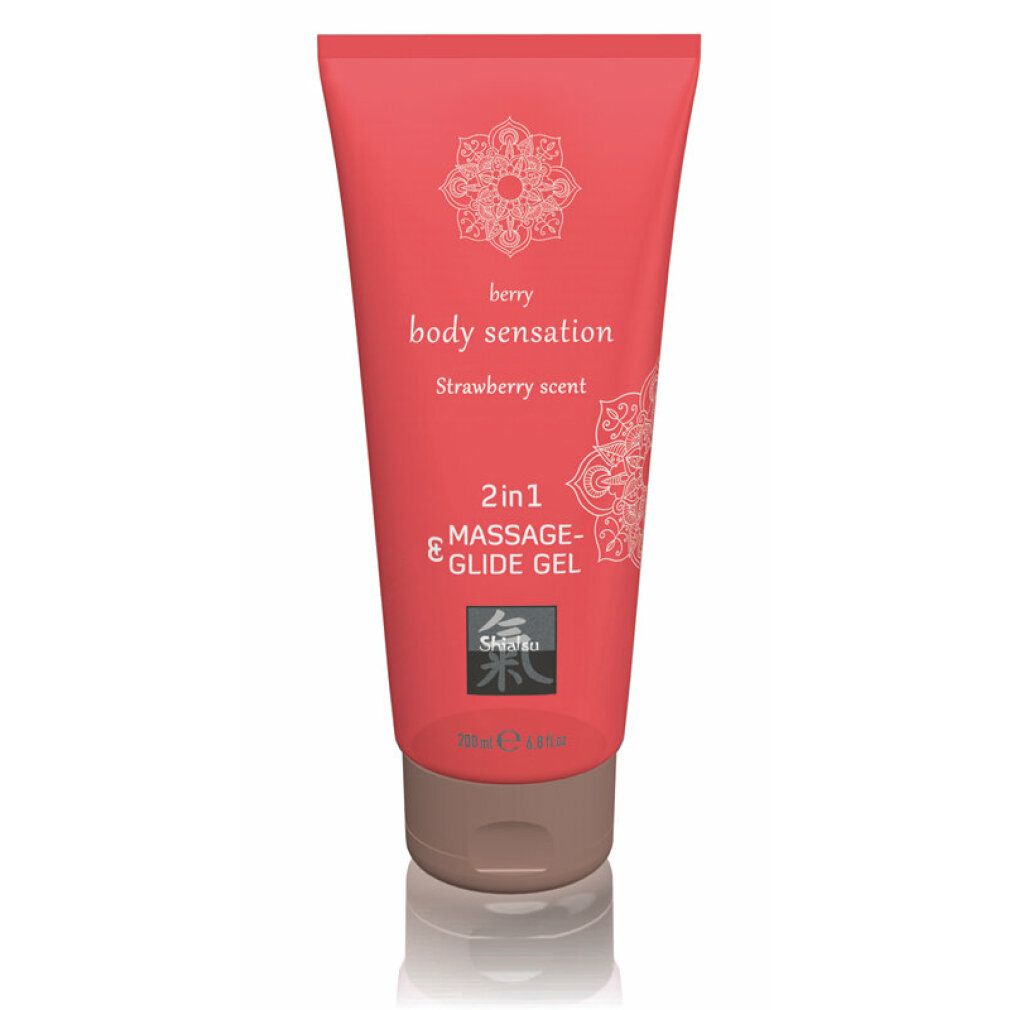 Tube rouge de gel 2 en 1 pour massage et glisse, parfum fraise. 200ml.