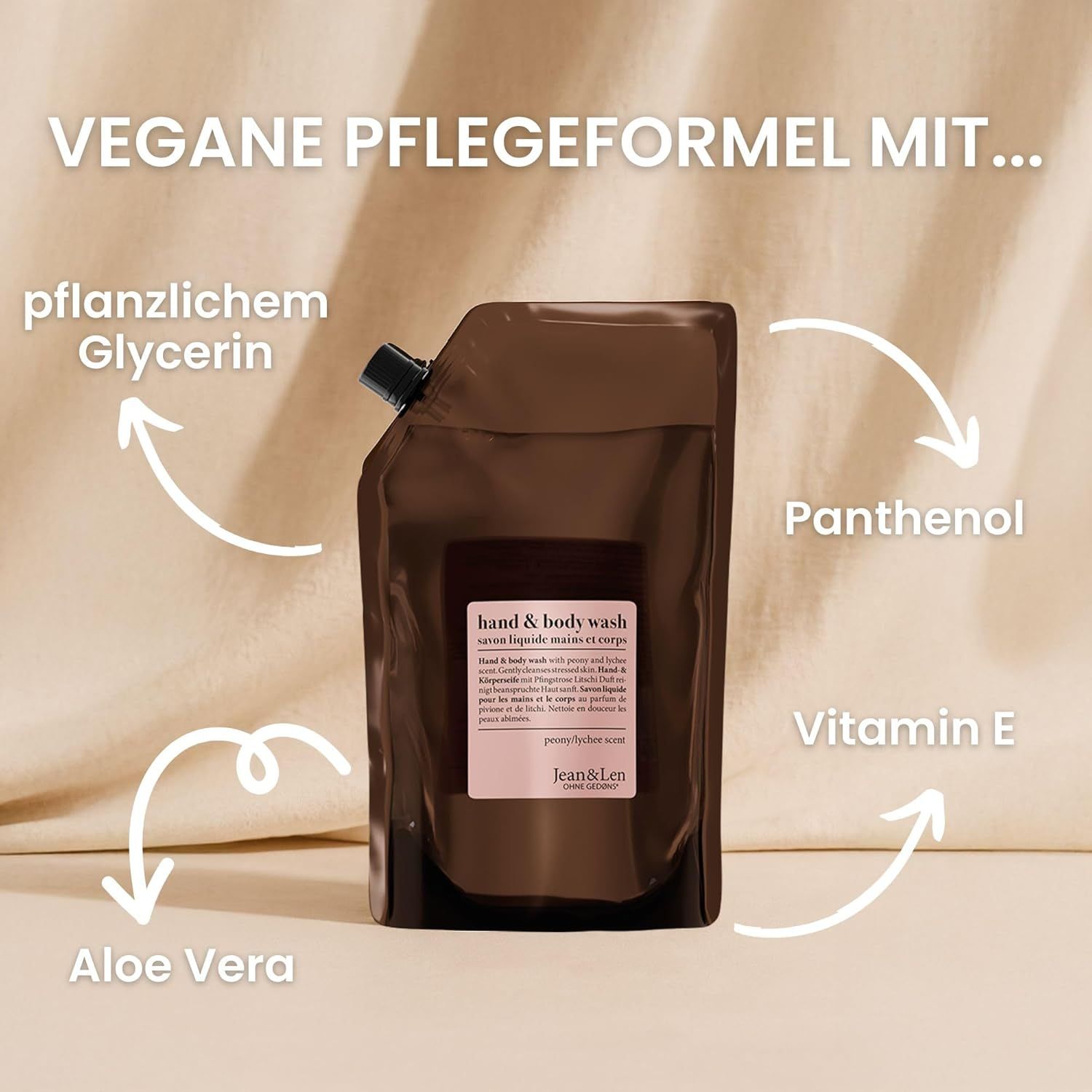 Bruine navulverpakking met productinformatie. Bevat plantaardige glycerine, panthenol, vitamine E en aloë vera. Vegan.