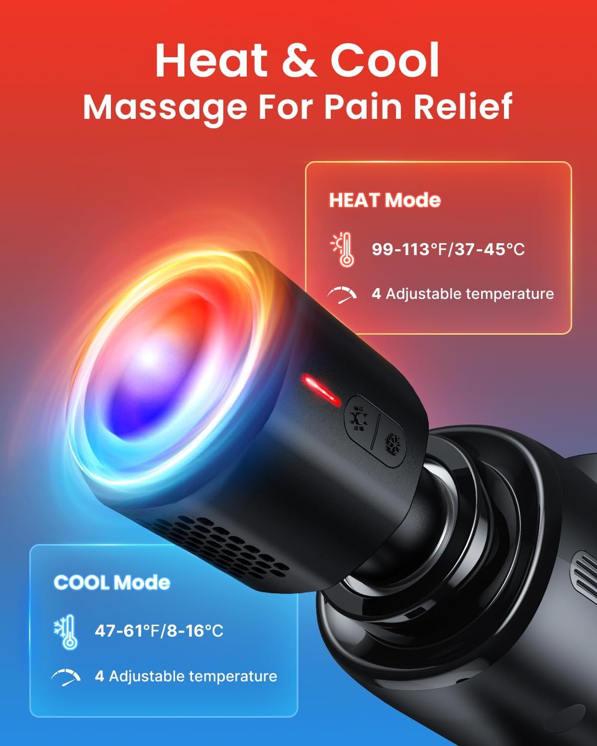 Zwart massageapparaat met koel- en verwarmingsfunctie. Temperatuurweergave in Celsius en Fahrenheit. 4 instellingen.