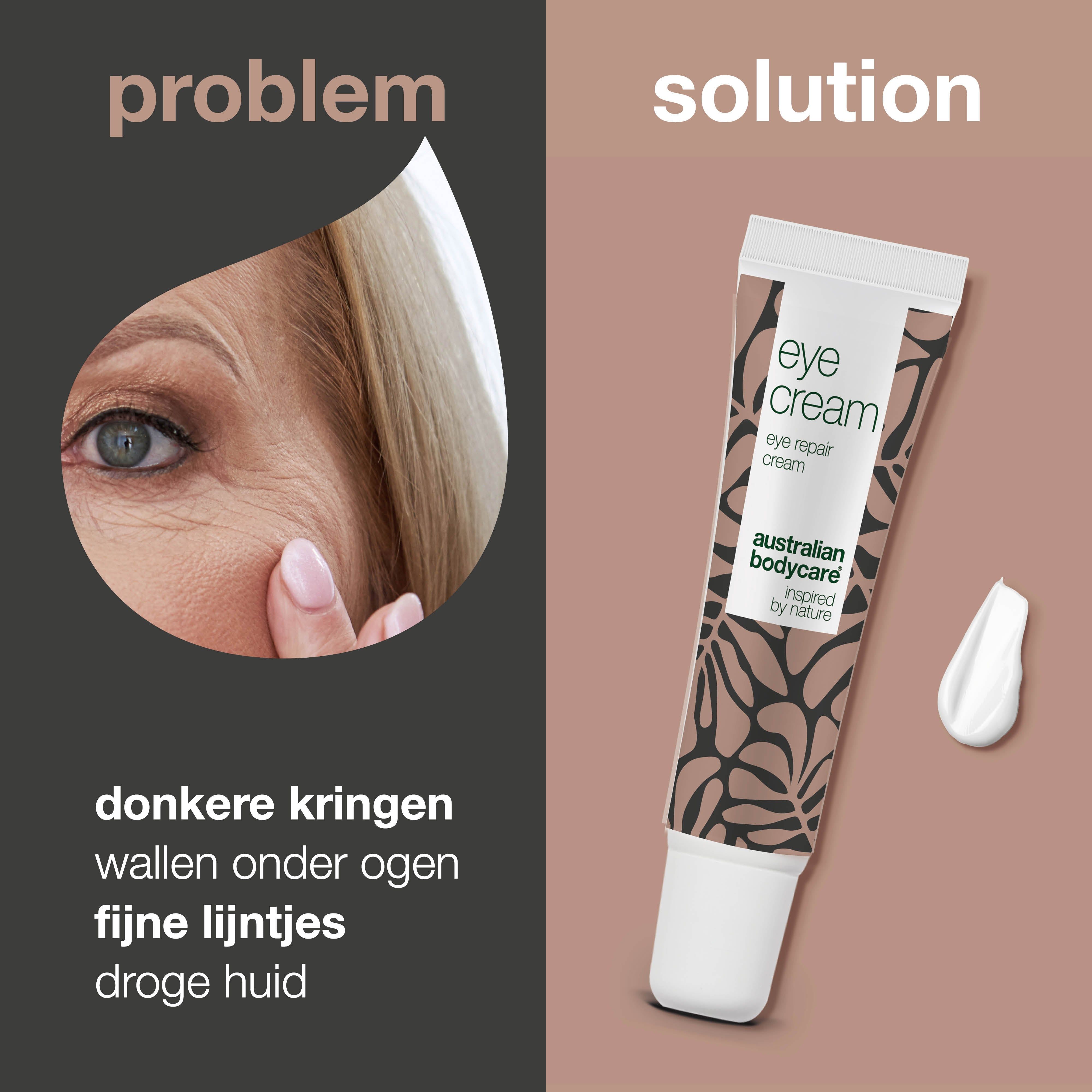 Probleem-oplossing advertentie. Links: oog met rimpels. Rechts: tube oogcrème, Australian Bodycare. Tekst.