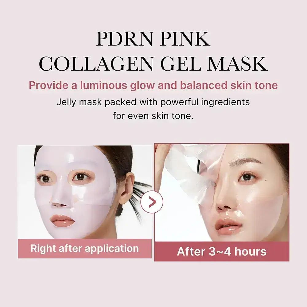 Medicube PDRN Pink Collagen Gel Mask promettant un teint lumineux et équilibré.