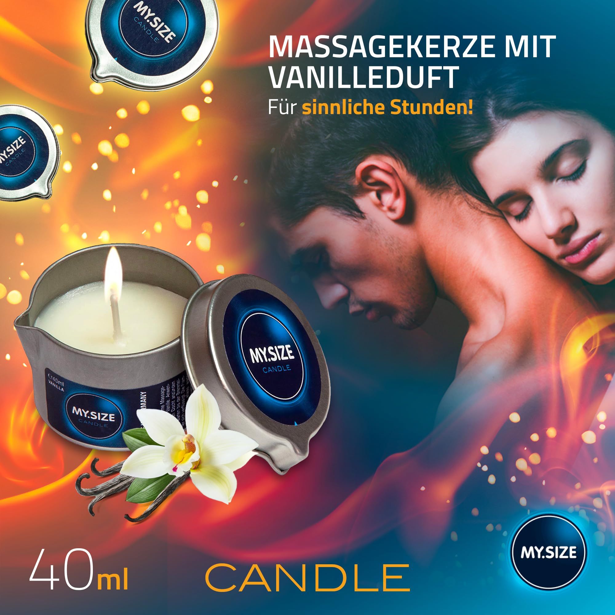 Bougie de massage 'MY.SIZE' parfum vanille, 40ml, entourée de préservatifs.
