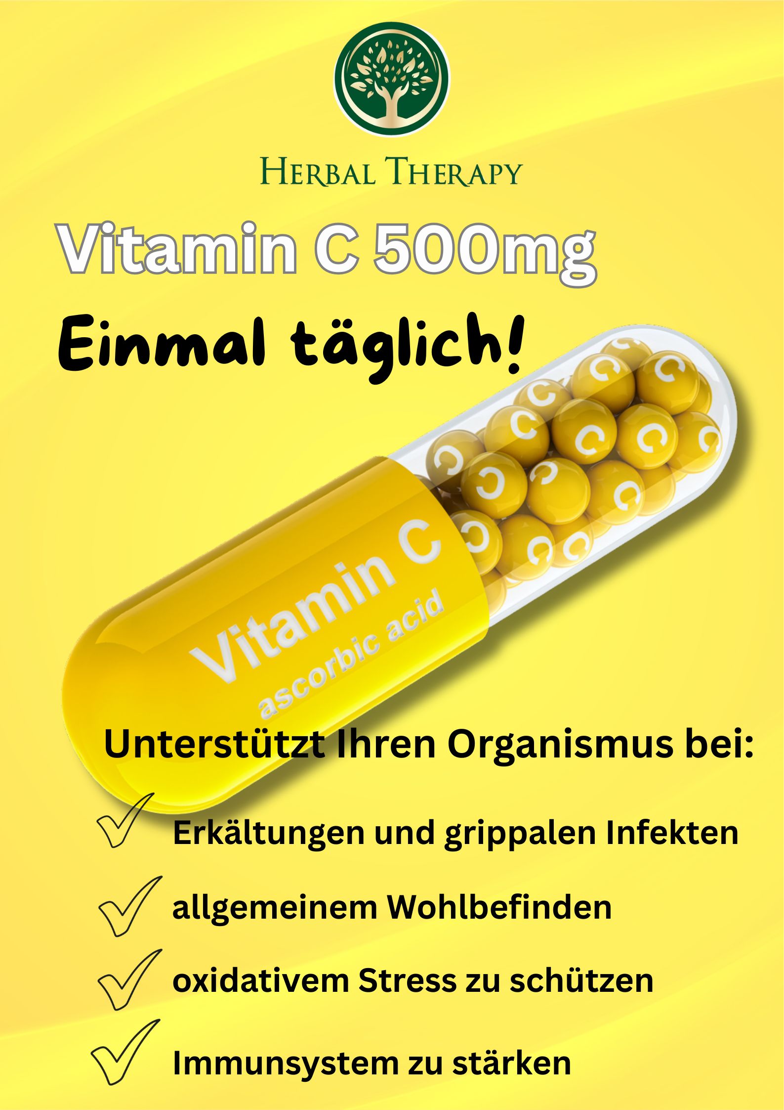 Gele capsule met vitamine C-bolletjes. Tekst: Vitamine C, eenmaal daags! Ondersteunt bij verkoudheid, welzijn, stress, immuunsysteem.