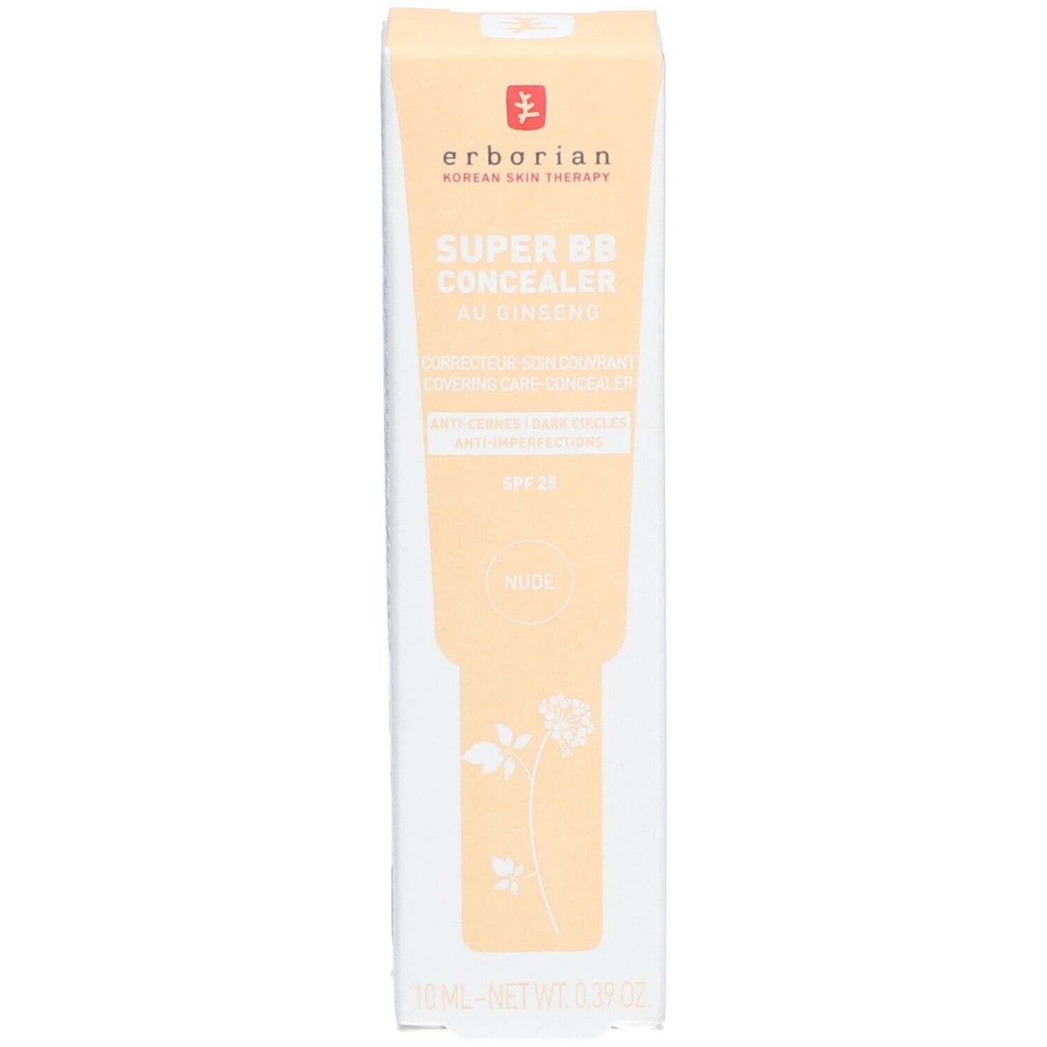 Emballage. Marque Erborian. Inscription SUPER BB CONCEALER AU GINSENG. Couleur NUDE. 10 ml.