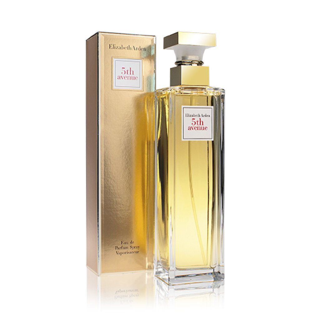 Flacon de parfum et boîte dorée. Sur la boîte, Elizabeth Arden 5th avenue. Flacon rectangulaire.
