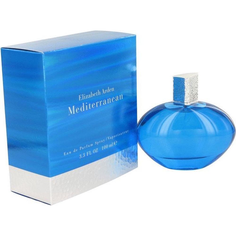 Flacon et boîte de parfum. Inscription: Elizabeth Arden Mediterranean.
