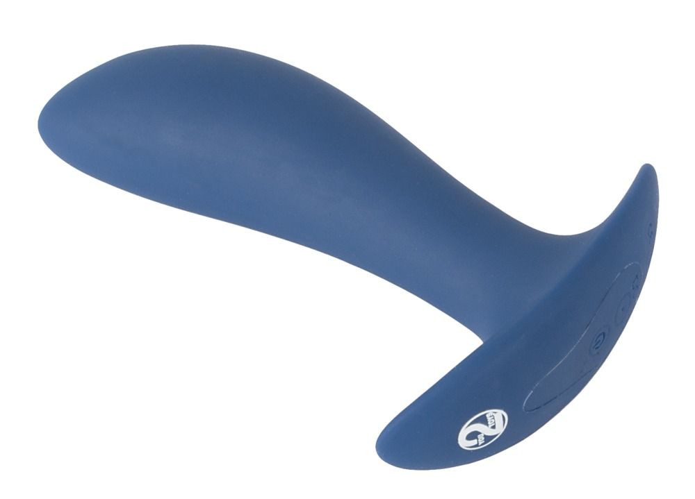 Donkerblauwe anale plug, van de zijkant gezien. Gebogen vorm, brede basis.