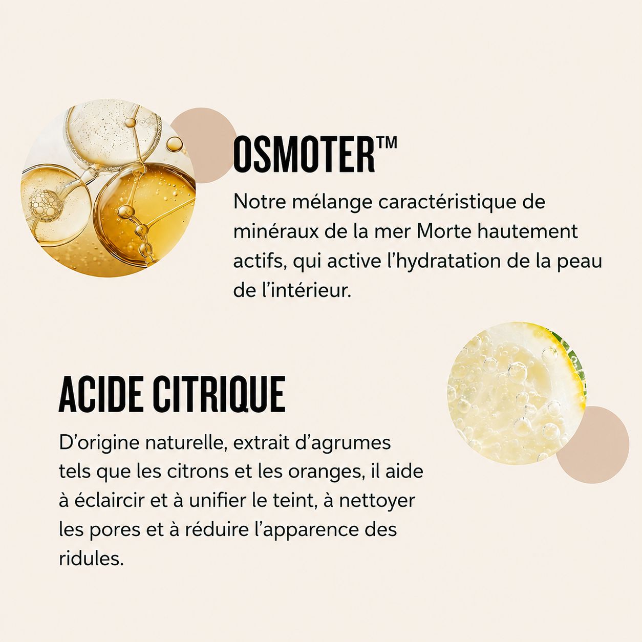 Liquide doré en verre, avec texte sur Osmoter™.